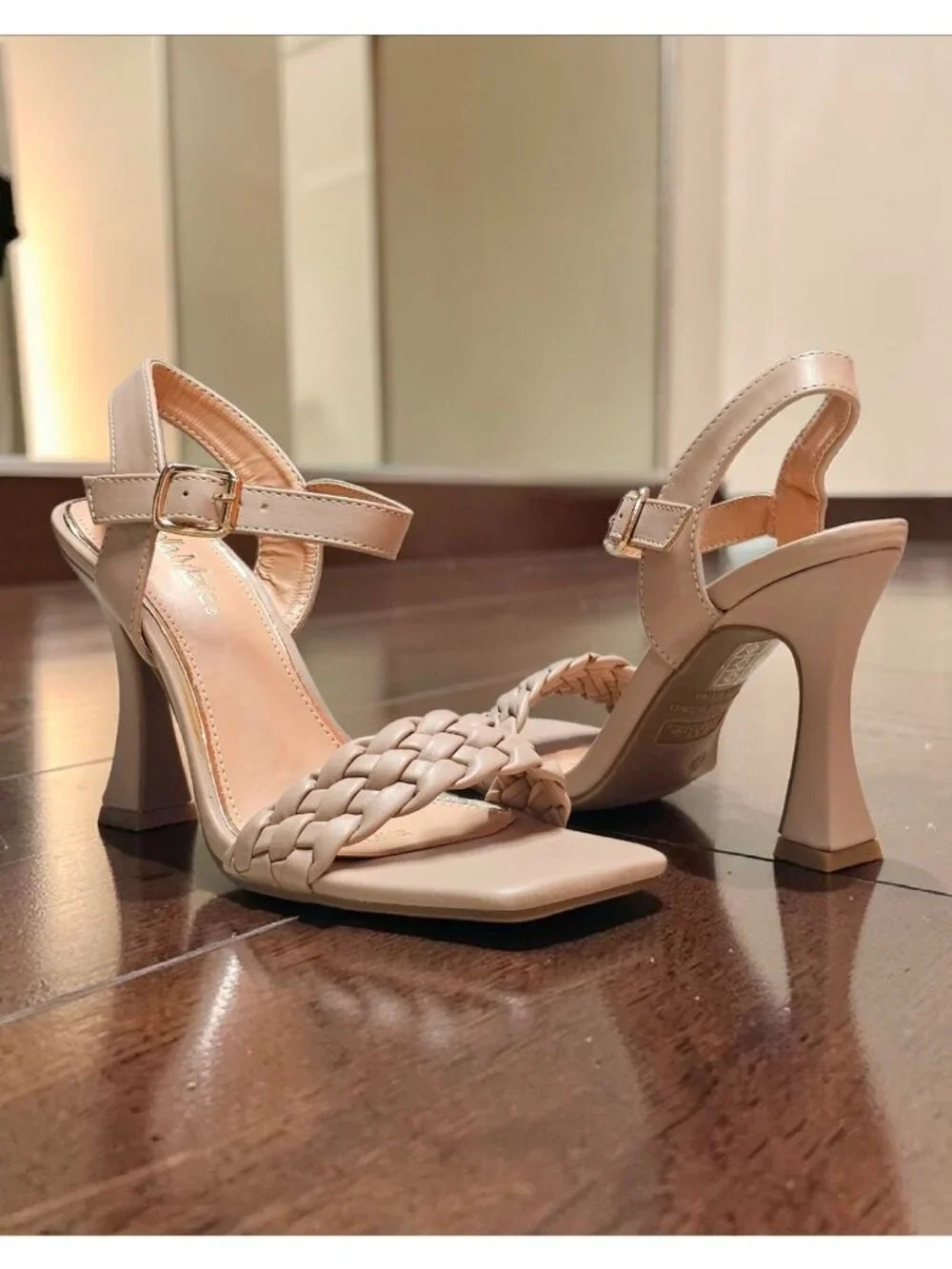 Braided Nude Heeled Sandals With Square Toe Design & Adjustable Ankle Strap - Picture 2 of 14